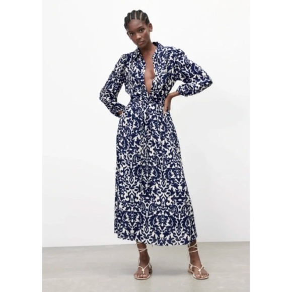 Zara Dresses & Skirts - Zara Blue White Damask Printed Midi Maxi Shirt Dress Small Tie Waist Boho Resort